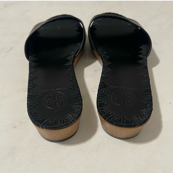 Tory Burch Aerin Black Leather Wooden Wedge Platform Slide Sandals Size 6.5 - Picture 5 of 7